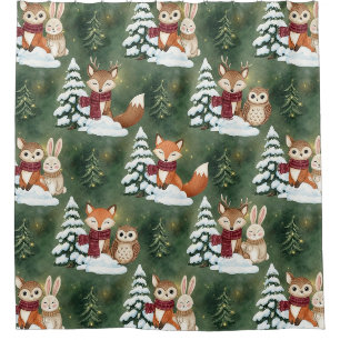 Cute Fox Deer Owl Christmas Winter Forest Shower Curtain