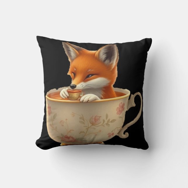 Cute fox drinking tea cushion (Front)
