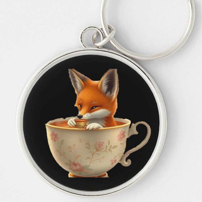 Cute Fox Drinking Tea on Groomsmen Gift Key Ring (Front)