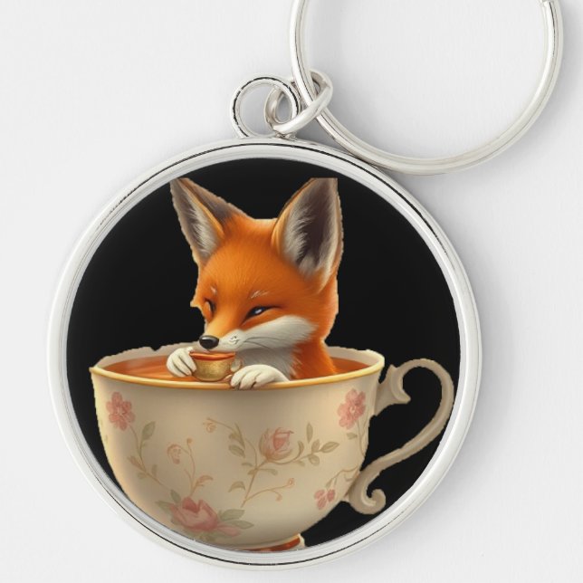 Cute Fox Drinking Tea on Keychain (Front)