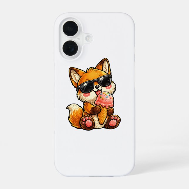 Cute Fox Eating Ice Cream With Sunglasses iPhone 16 Case (Back)