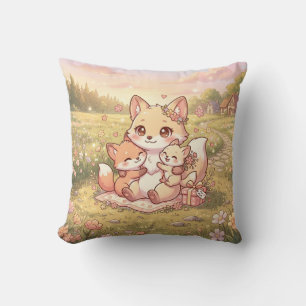 Cute Fox Family Meadow Pillow