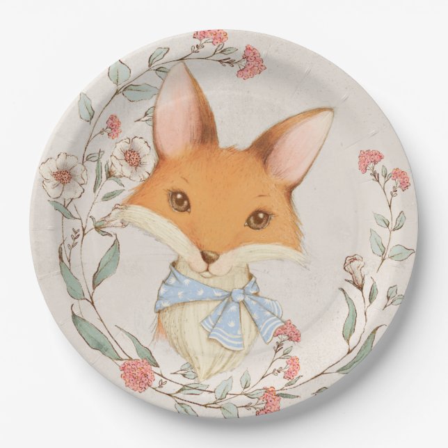 Cute Fox Floral Animals Blue Boy Baby Shower Paper Plate (Front)