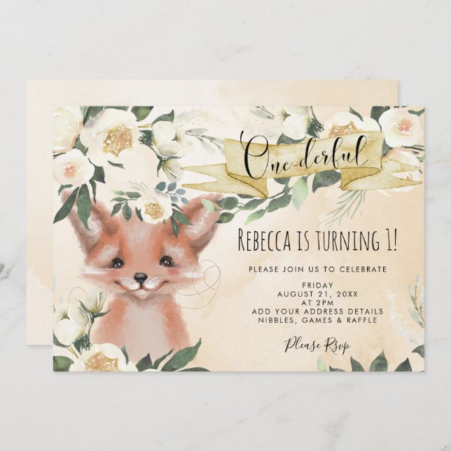 cute fox floral onederful 1st birthday invitation (Front/Back)