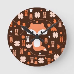Cute fox, flowers and leaves in orange round clock