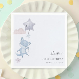 Cute Fox Flying Balloon Boy First Birthday  Napkin