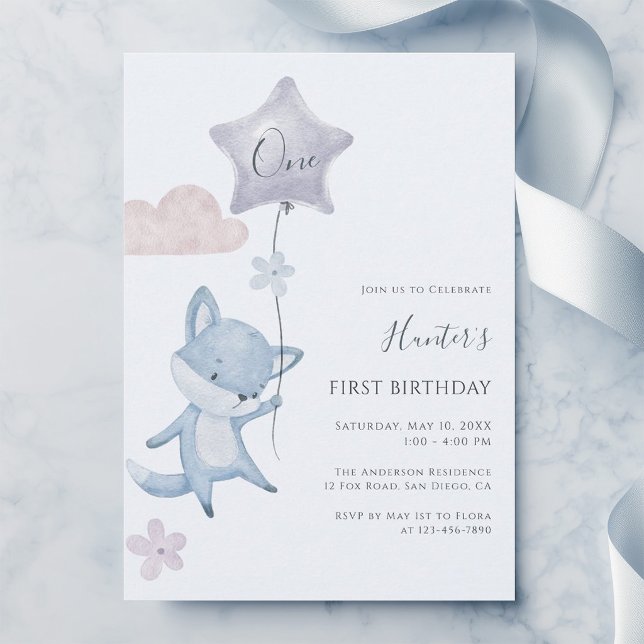 Cute Fox Flying Balloon Boy First Birthday Party Invitation (Creator Uploaded)