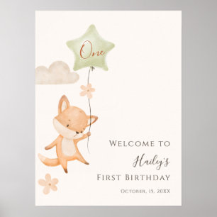 Cute Fox Flying Balloon First Birthday Welcome     Poster