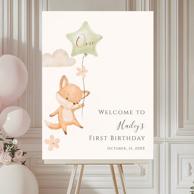 Cute Fox Flying Balloon First Birthday Welcome     Poster (Creator Uploaded)