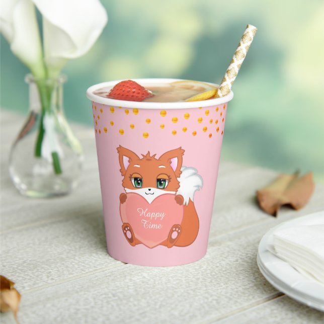 Cute Fox & Golden Confetti on Pink Paper Cups (Insitu)