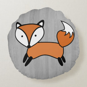 Cute Fox & Gray Wooden Planks Reversible Round Cushion