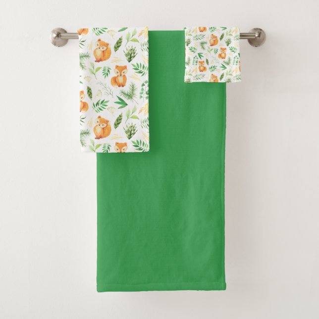Cute Fox Green Leaves Solid Green Towel (Insitu)