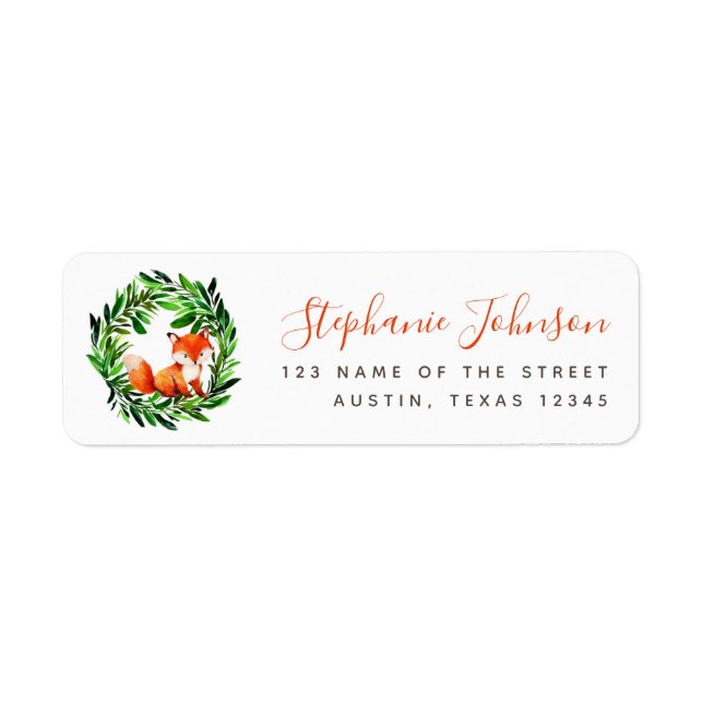 Cute Fox Greenery Wreath Red Script Return Address Label (Front)