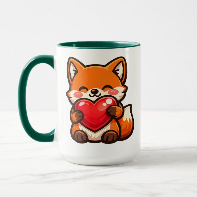 Cute Fox Heart Mug – Kawaii Fox with Red Heart  (Left)
