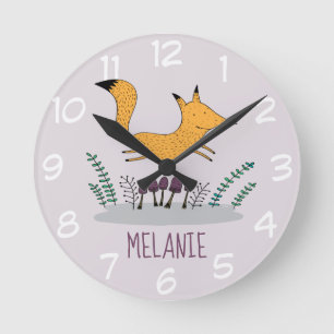 Cute Fox Illustration Kids Personalised Round Clock