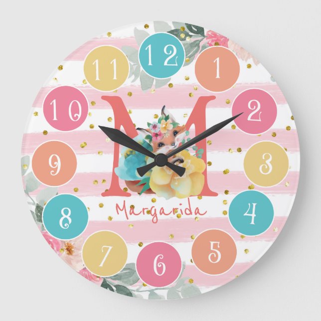 Cute Fox Illustration Sweet Monogram Large Clock (Front)