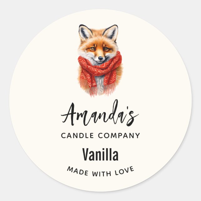 Cute Fox in a Red Scarf Autumn Candle Business Classic Round Sticker (Front)