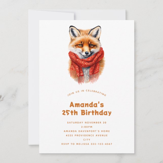 Cute Fox in a Red Scarf Autumn Image Birthday Invitation (Front)