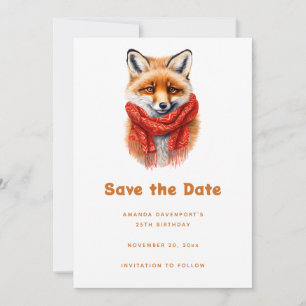 Cute Fox in a Red Scarf Autumn Image Birthday Save The Date