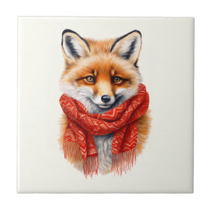 Cute Fox in a Red Scarf Autumn Image Ceramic Tile