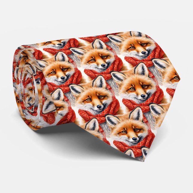 Cute Fox in a Red Scarf Autumn Image Pattern Tie (Rolled)