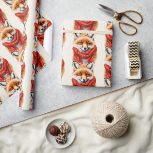 Cute Fox in a Red Scarf Autumn Pattern Wrapping Paper