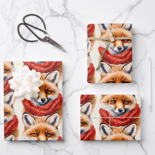 Cute Fox in a Red Scarf Autumn Pattern Wrapping Paper Sheet (Front)
