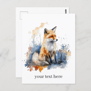 Cute fox in blue and orange water colour postcard