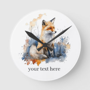 Cute fox in blue and orange water colour round clock
