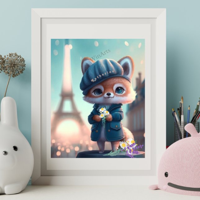 Cute Fox in Blue, Paris Eiffel Tower Personalised  Poster (Creator Uploaded)