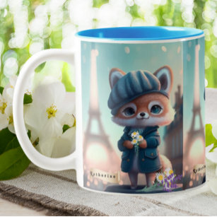 Cute Fox in Blue, Paris Eiffel Tower Personalised  Two-Tone Coffee Mug