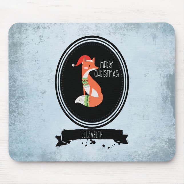 Cute Fox in Christmas Hat inside a Black Oval Mouse Pad (Front)