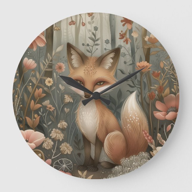 Cute Fox in Forest Large Clock (Front)