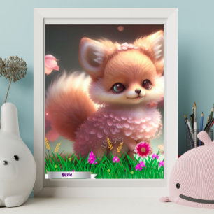 Cute Fox in garden of pink flowers Personalised Poster