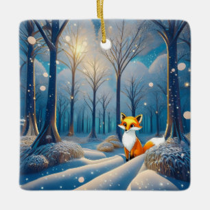 Cute Fox In Snow Covered Forest Ceramic Ornament