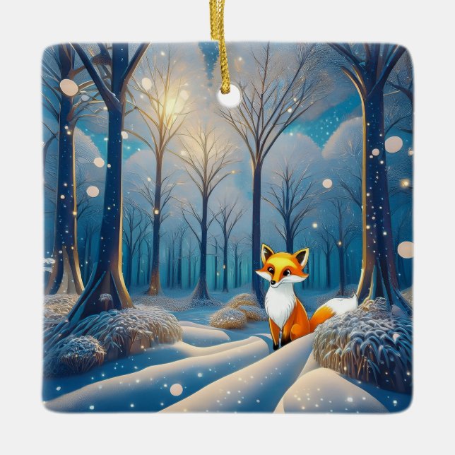 Cute Fox In Snow Covered Forest Ceramic Ornament (Front)