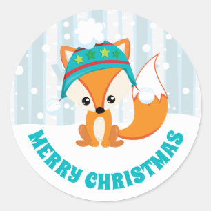 Cute Fox in Winter Hat in Snowy Woodland Christmas Classic Round Sticker