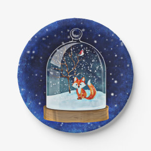 Cute fox inside a snow globe paper plate