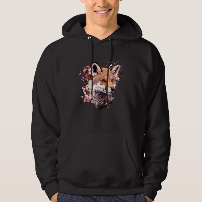 Cute Fox Japanese  Cherry Blossom Flower Artwork Hoodie (Front)