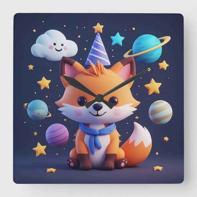 Cute Fox on a Smiling Cloud With Planets and Stars Square Wall Clock (Front)