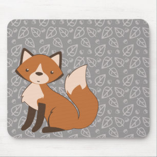 Cute Fox on Leaf and Acorn Pattern Mouse Pad