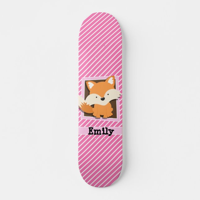 Cute Fox on Pink & White Stripes Skateboard (Front)