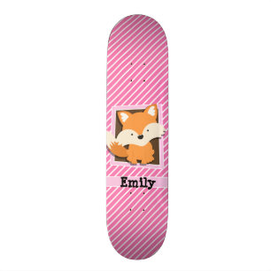 Cute Fox on Pink & White Stripes Skateboard