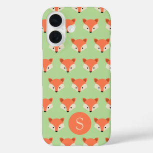 Cute Fox Pattern on Green Monogram iPhone 16 Case