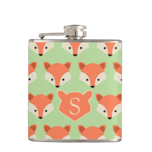 Cute Fox Pattern on Green Monogram Hip Flask
