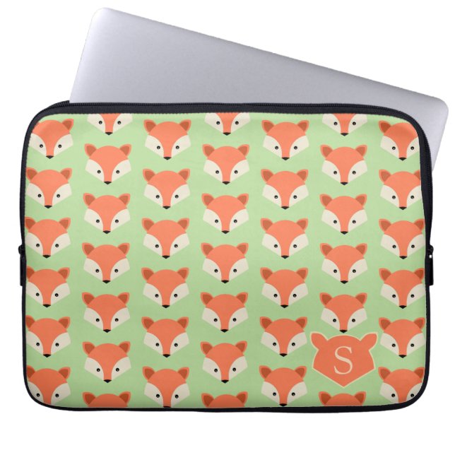 Cute Fox Pattern on Green Monogram Laptop Sleeve (Front)