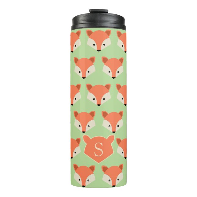 Cute Fox Pattern on Green Monogram Thermal Tumbler (Front)