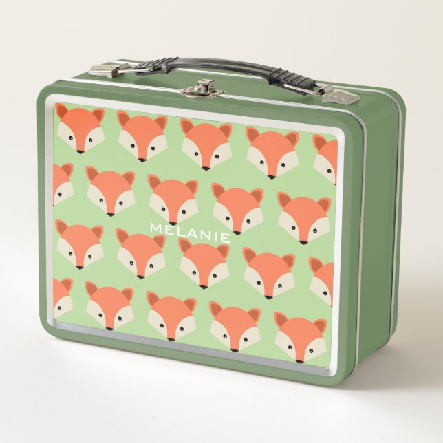 Cute Fox Pattern on Green Personalised Metal Lunch Box (Front)