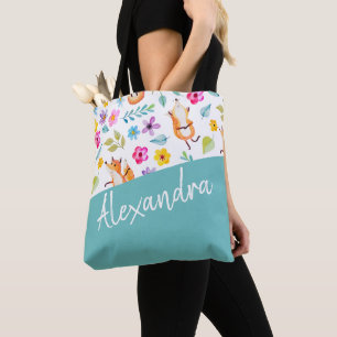 Cute Fox Pattern Teal Personalised Tote Bag