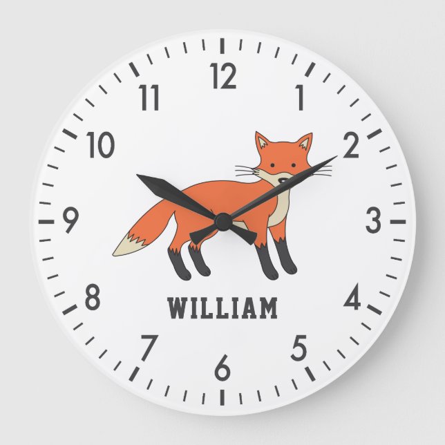 Cute Fox Personalized Custom Name Back To School Large Clock (Front)